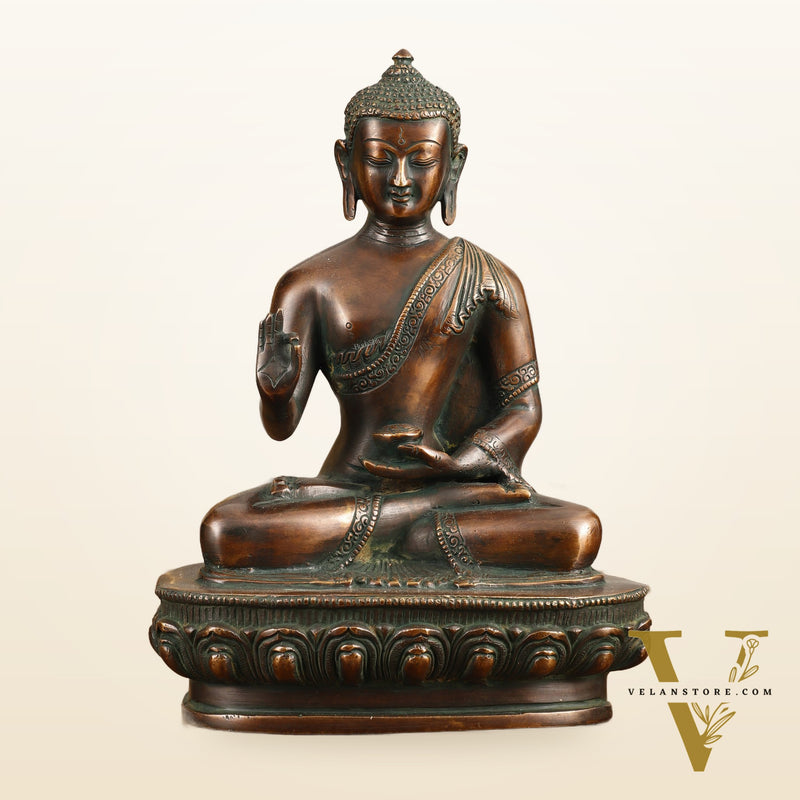 Pure Brass Buddha Blessing Mudra Statue - Antique Tone, 10" Height