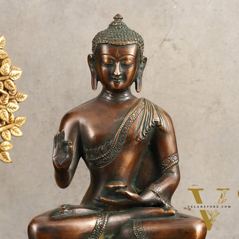 Pure Brass Buddha Blessing Mudra Statue - Antique Tone, 10" Height