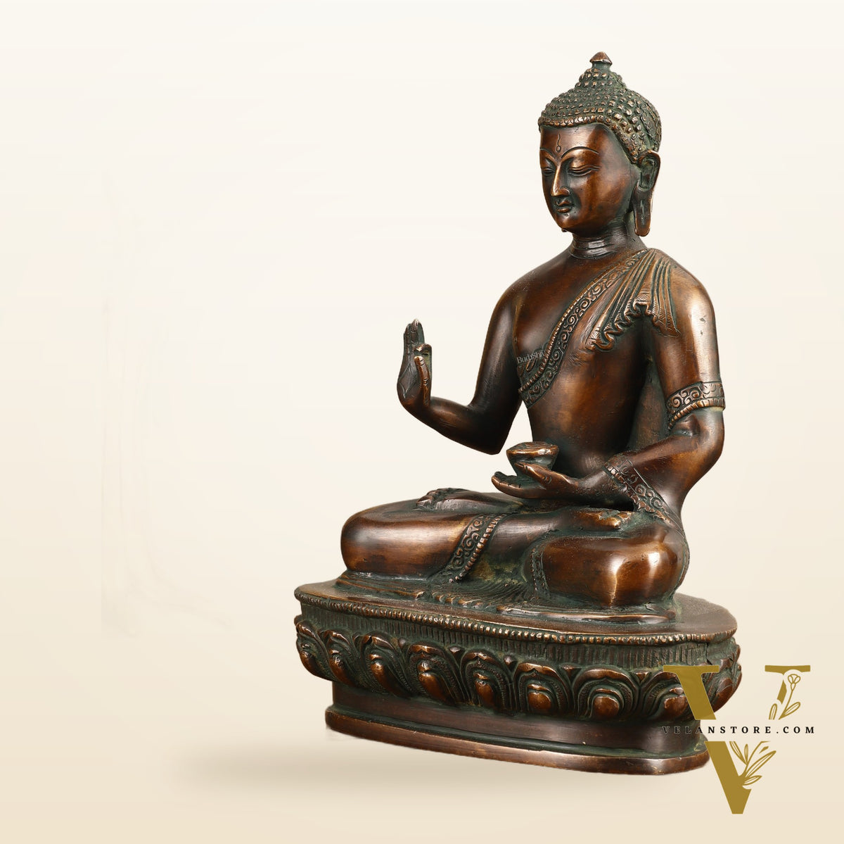 Pure Brass Buddha Blessing Mudra Statue - Antique Tone, 10" Height