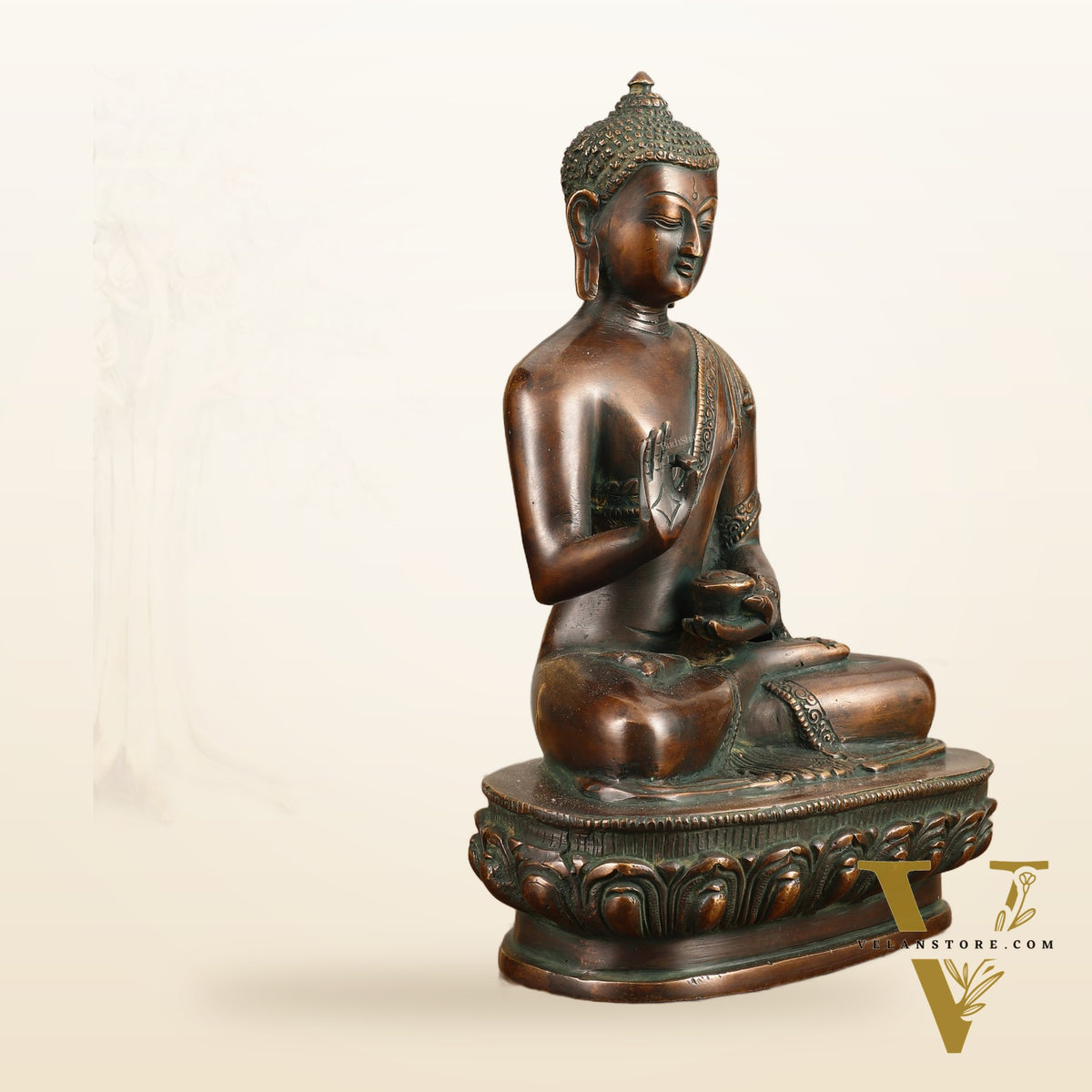 Pure Brass Buddha Blessing Mudra Statue - Antique Tone, 10" Height