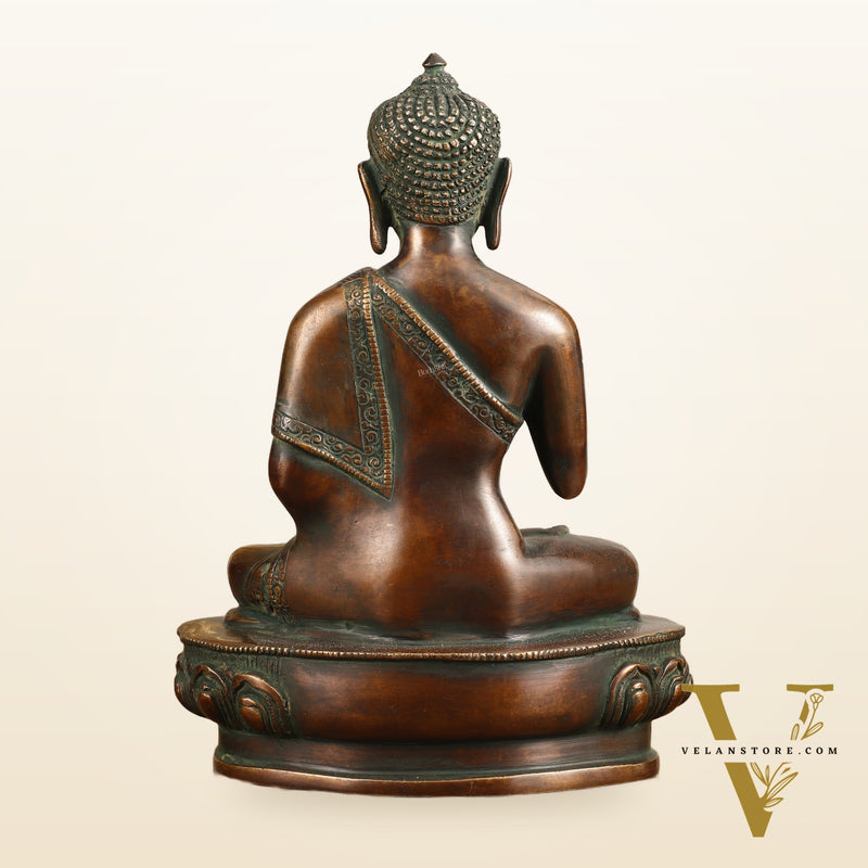 Pure Brass Buddha Blessing Mudra Statue - Antique Tone, 10" Height