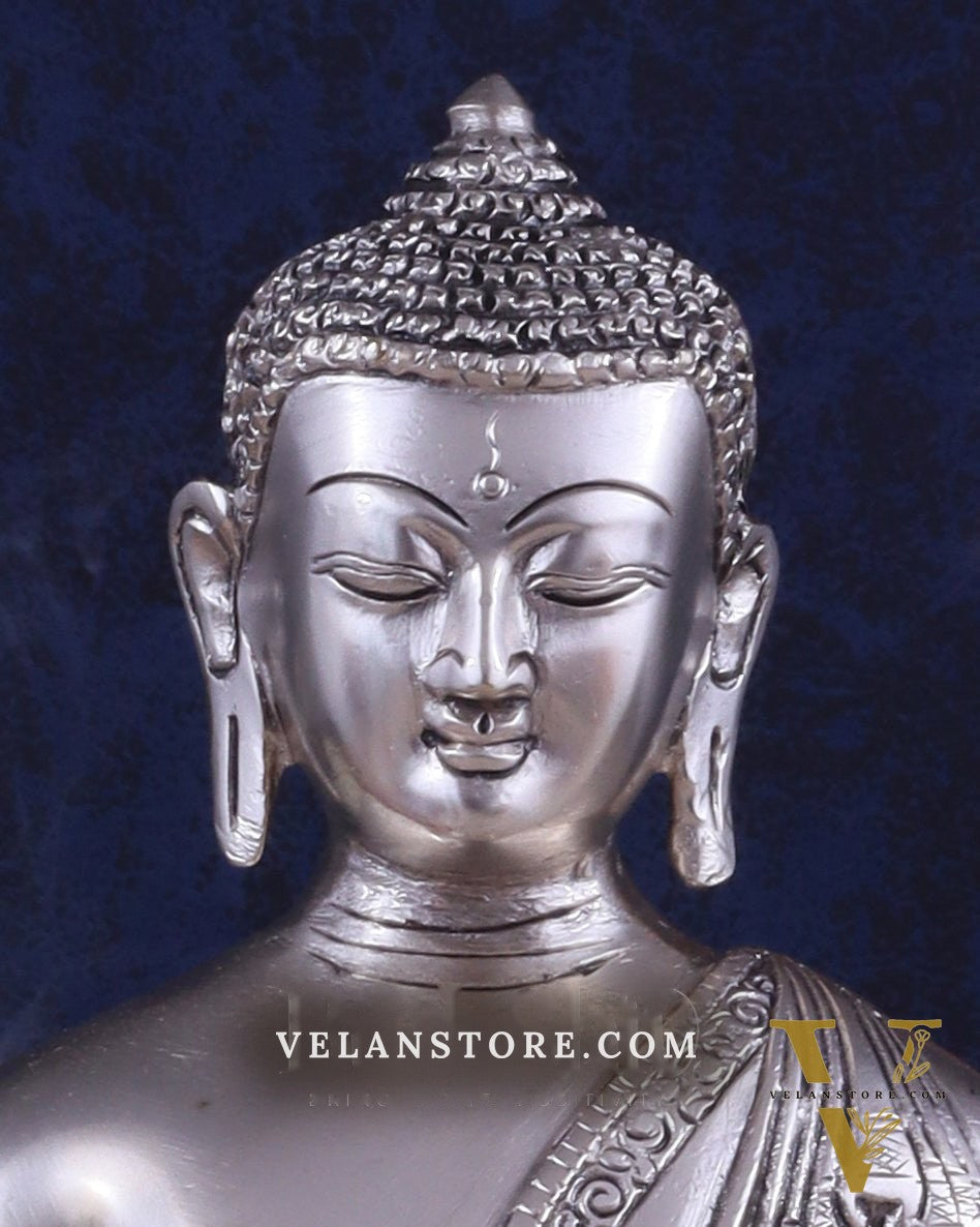 Pure Brass Buddha Blessing Mudra Statue - Silver plated, 10" Height