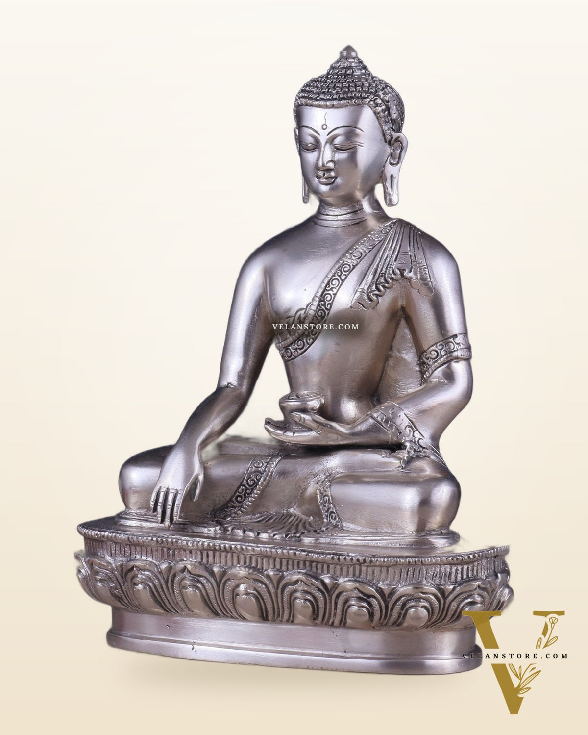 Pure Brass Buddha Blessing Mudra Statue - Silver plated, 10" Height