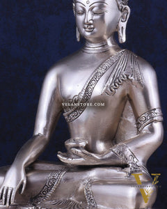 Pure Brass Buddha Blessing Mudra Statue - Silver plated, 10" Height