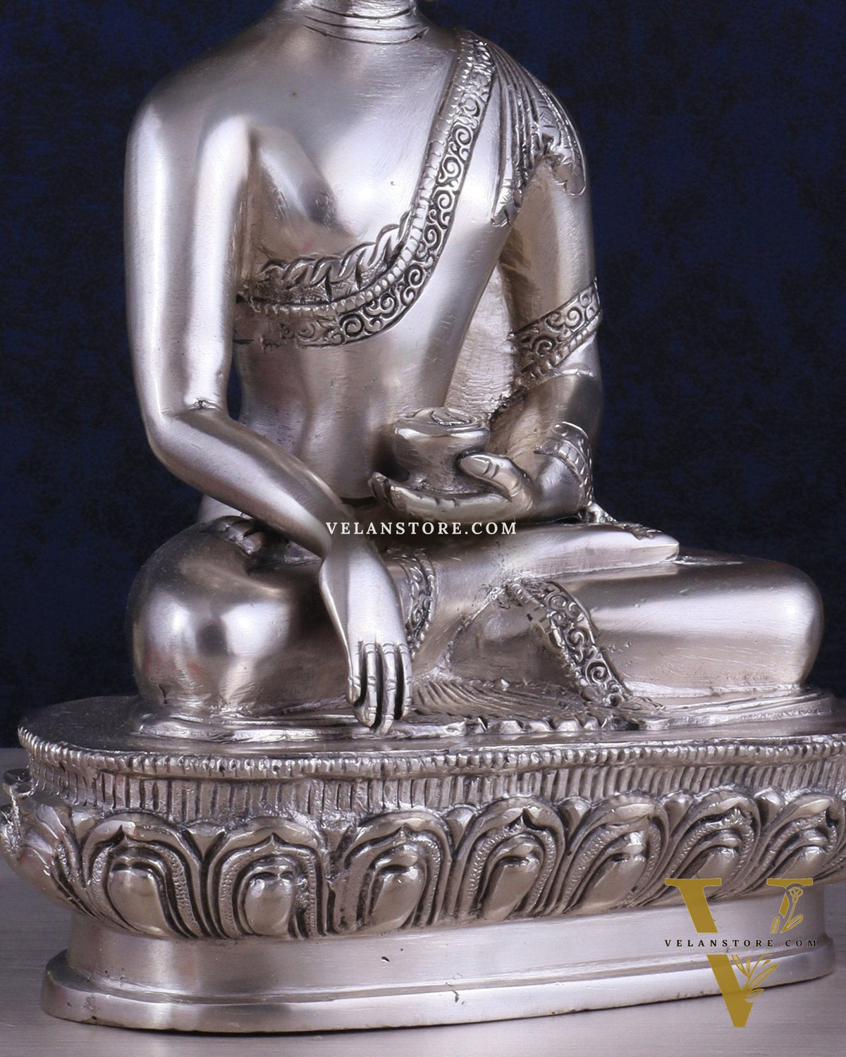 Pure Brass Buddha Blessing Mudra Statue - Silver plated, 10" Height