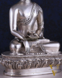 Pure Brass Buddha Blessing Mudra Statue - Silver plated, 10" Height