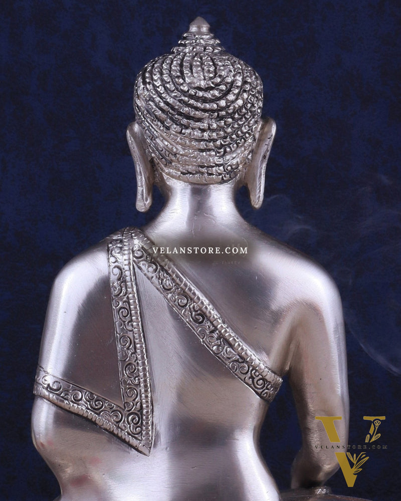 Pure Brass Buddha Blessing Mudra Statue - Silver plated, 10" Height