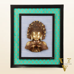 Pure Brass Buddha Bust Anjali Mudra on Wooden Frame with Premium Fabric | 17.5 Inch Wall Hanging