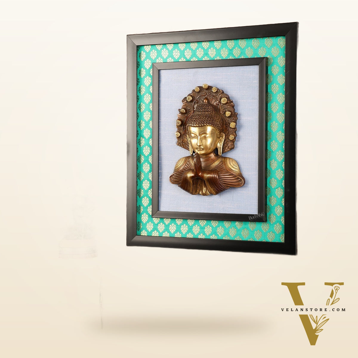 Pure Brass Buddha Bust Anjali Mudra on Wooden Frame with Premium Fabric | 17.5 Inch Wall Hanging
