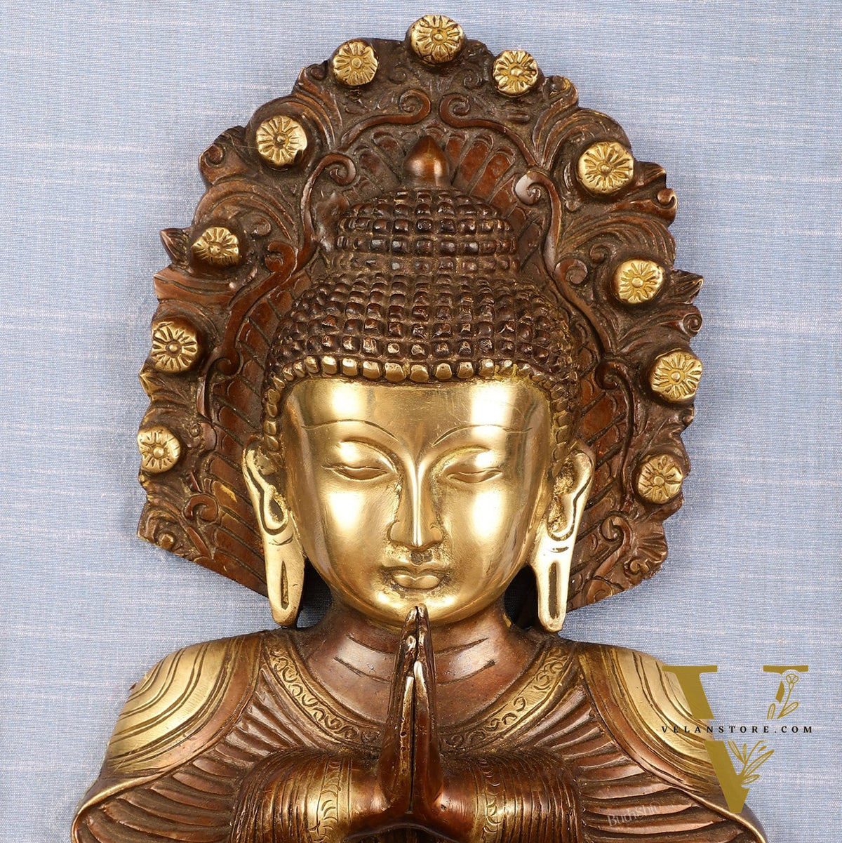 Pure Brass Buddha Bust Anjali Mudra on Wooden Frame with Premium Fabric | 17.5 Inch Wall Hanging
