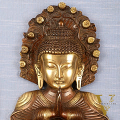 Pure Brass Buddha Bust Anjali Mudra on Wooden Frame with Premium Fabric | 17.5 Inch Wall Hanging