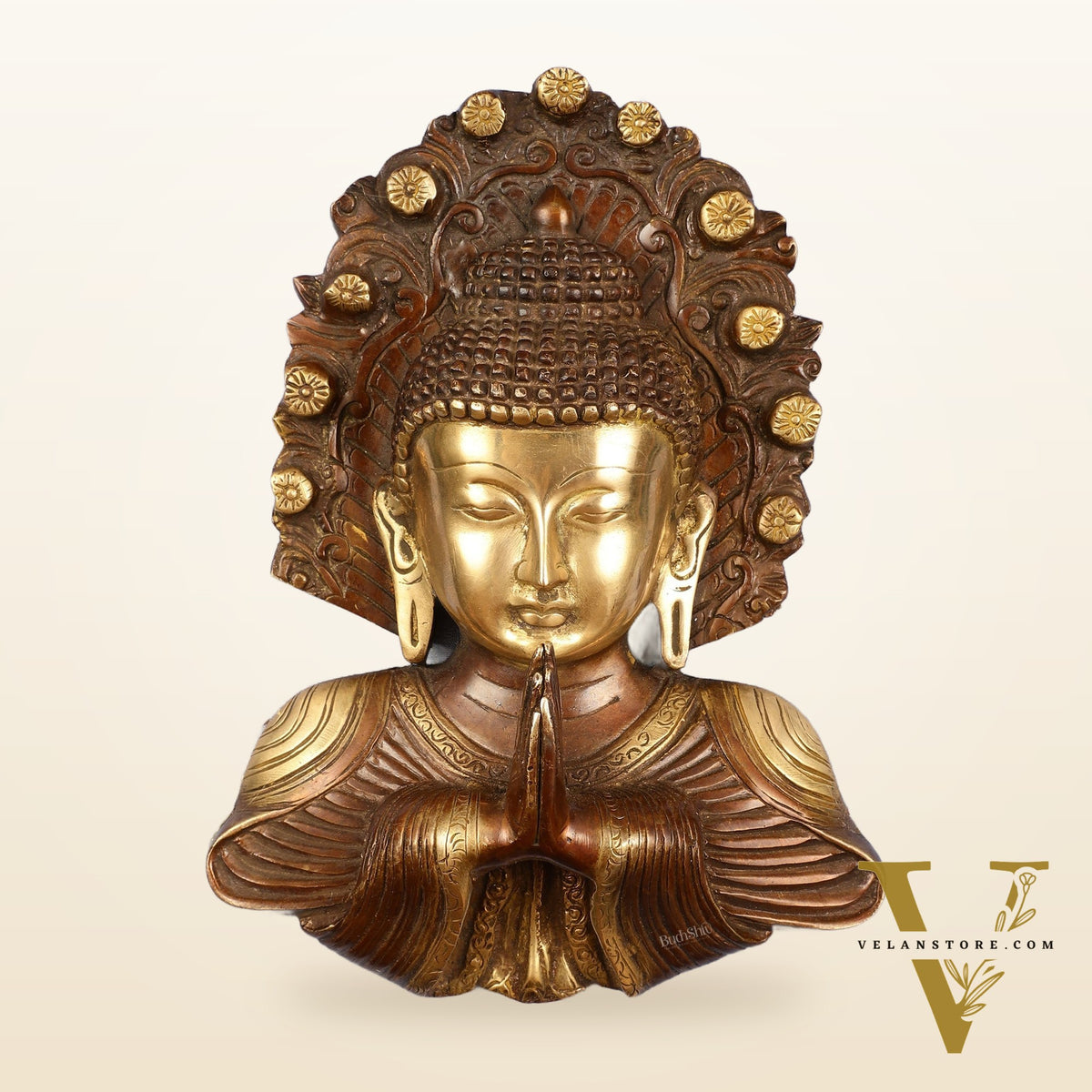 Pure Brass Buddha Bust Anjali Mudra on Wooden Frame with Premium Fabric | 17.5 Inch Wall Hanging