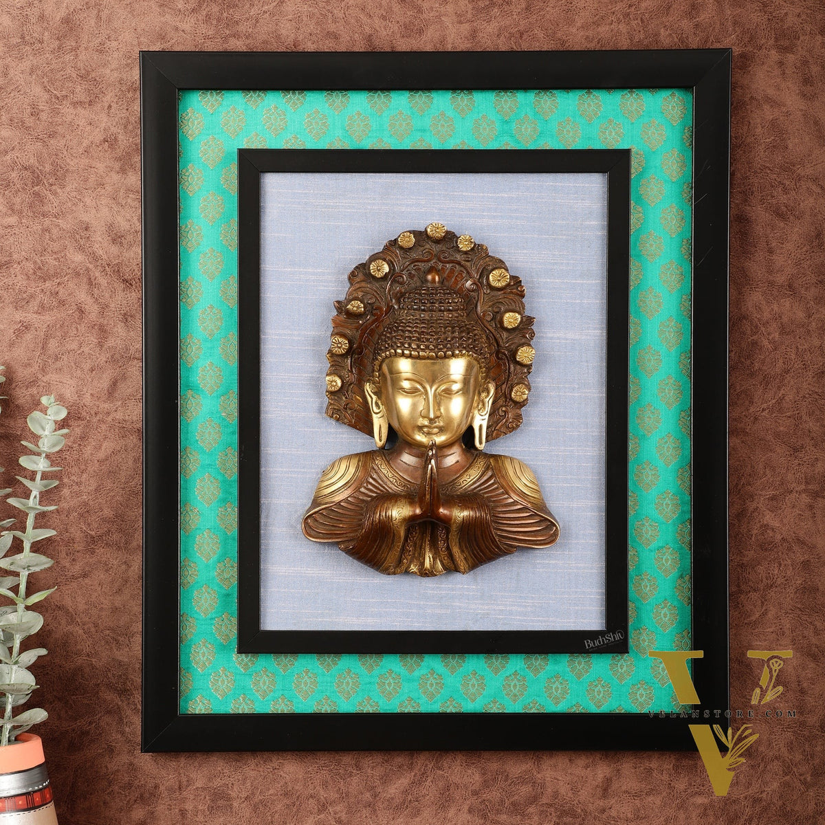Pure Brass Buddha Bust Anjali Mudra on Wooden Frame with Premium Fabric | 17.5 Inch Wall Hanging