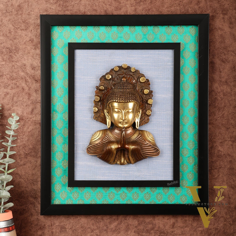 Pure Brass Buddha Bust Anjali Mudra on Wooden Frame with Premium Fabric | 17.5 Inch Wall Hanging