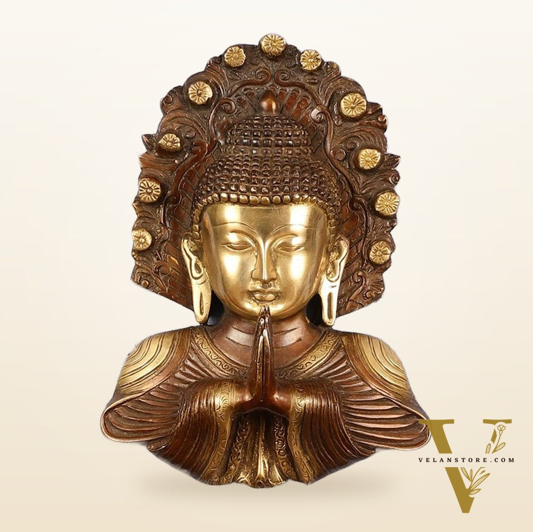 Pure Brass Buddha Bust Anjali Mudra on Wooden Frame with Premium Fabric | 17.5 Inch Wall Hanging