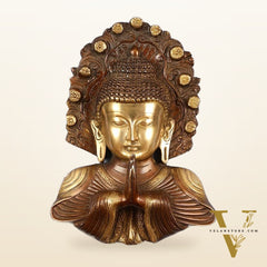 Pure Brass Buddha Bust Anjali Mudra on Wooden Frame with Premium Fabric | 17.5 Inch Wall Hanging