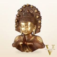 Pure Brass Buddha Bust Anjali Mudra on Wooden Frame with Premium Fabric | 17.5 Inch Wall Hanging