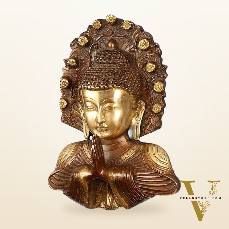 Pure Brass Buddha Bust Anjali Mudra on Wooden Frame with Premium Fabric | 17.5 Inch Wall Hanging