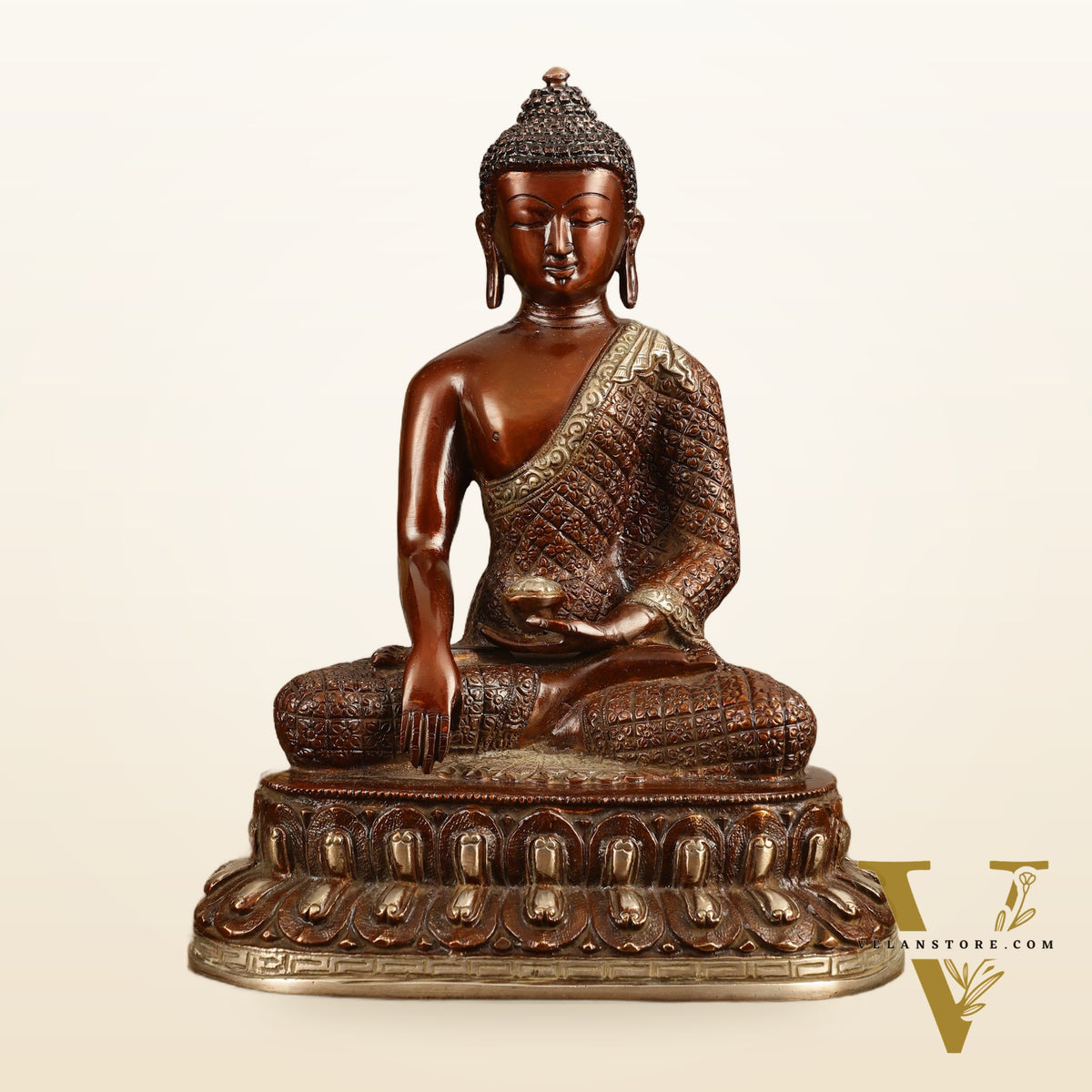 Pure Brass Buddha Hand Down Statue - Nepali brown Finish, 11" Height
