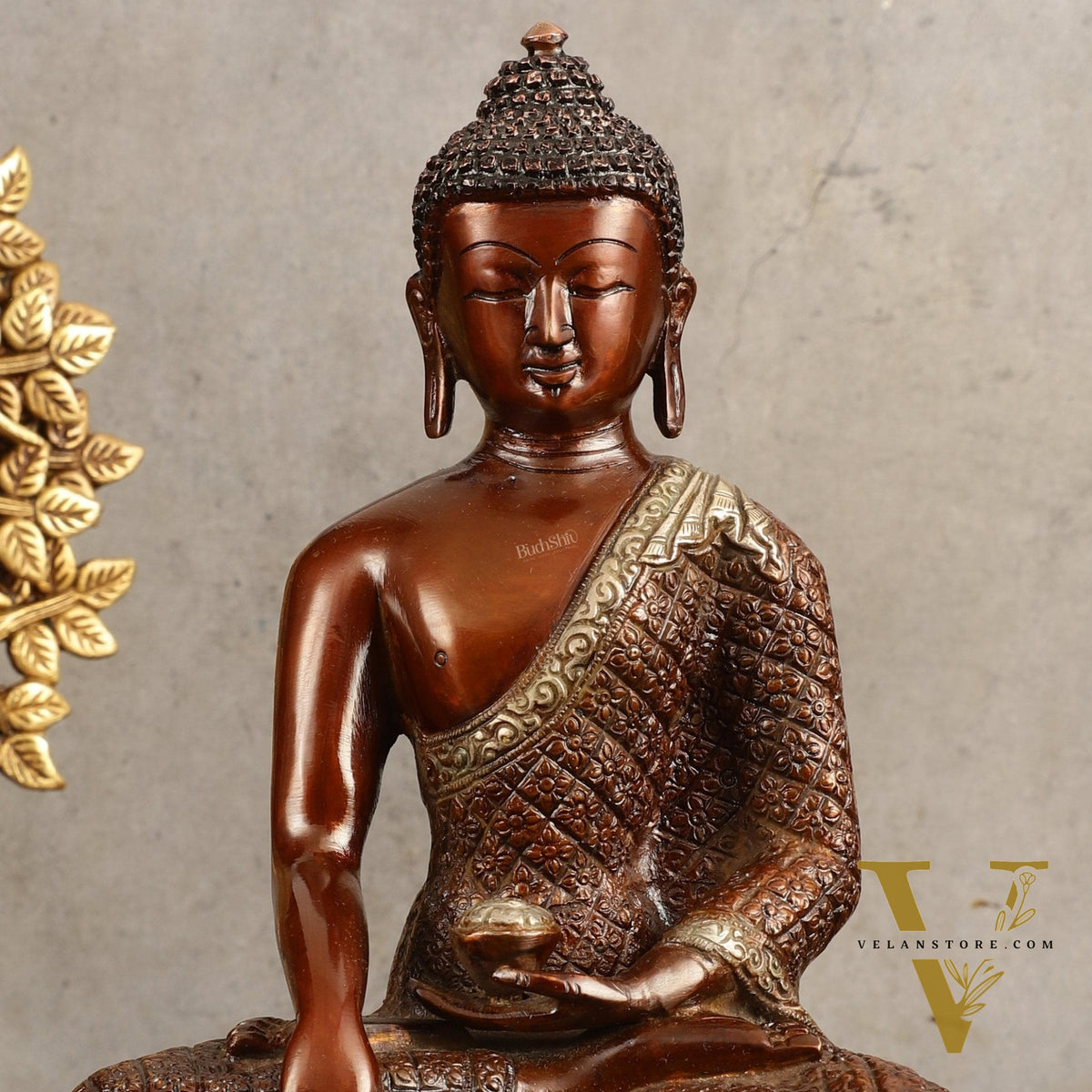 Pure Brass Buddha Hand Down Statue - Nepali brown Finish, 11" Height