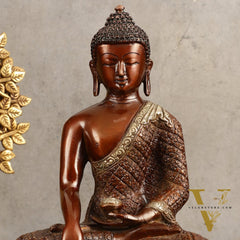 Pure Brass Buddha Hand Down Statue - Nepali brown Finish, 11" Height
