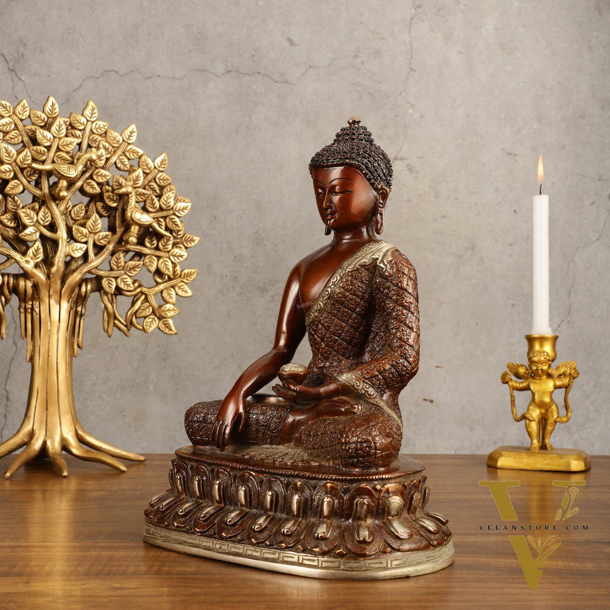 Pure Brass Buddha Hand Down Statue - Nepali brown Finish, 11" Height