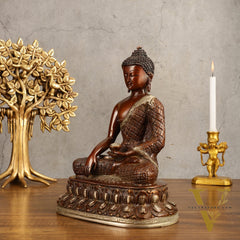 Pure Brass Buddha Hand Down Statue - Nepali brown Finish, 11" Height