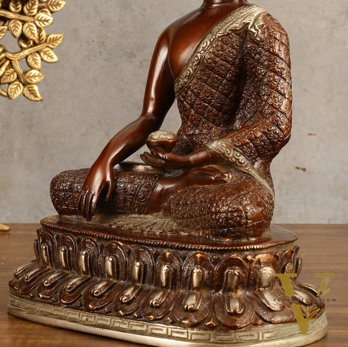 Pure Brass Buddha Hand Down Statue - Nepali brown Finish, 11" Height