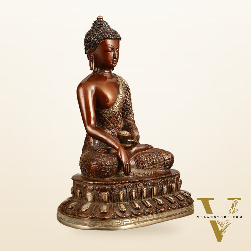 Pure Brass Buddha Hand Down Statue - Nepali brown Finish, 11" Height