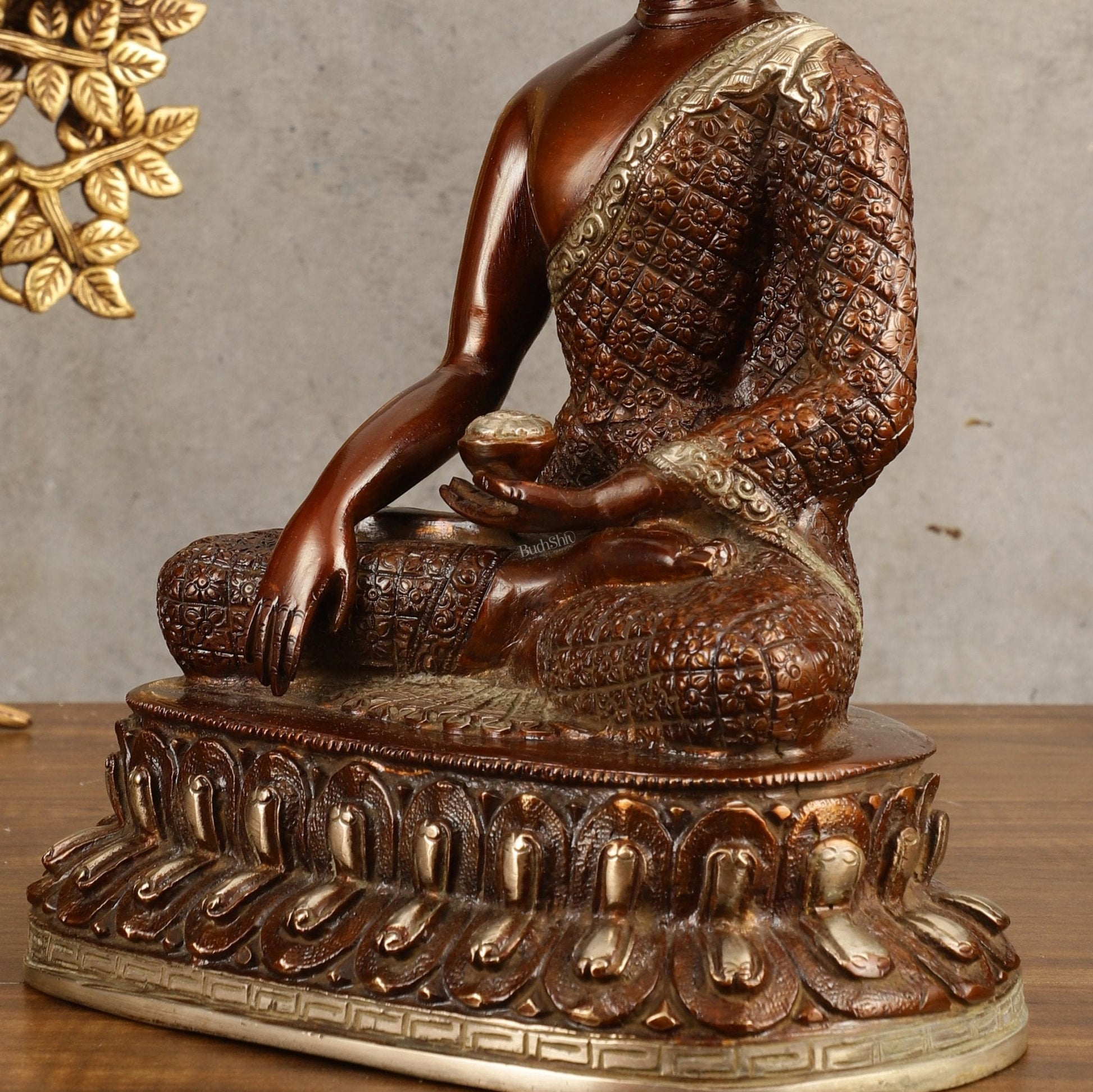 Pure Brass Buddha Hand Down Statue - Nepali brown Finish, 11" Height