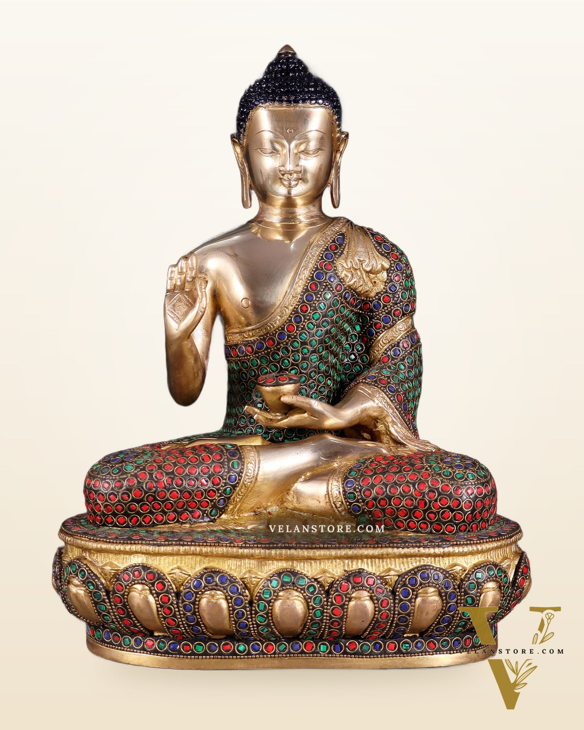Pure Brass Buddha idol rings stonework - 13.5"