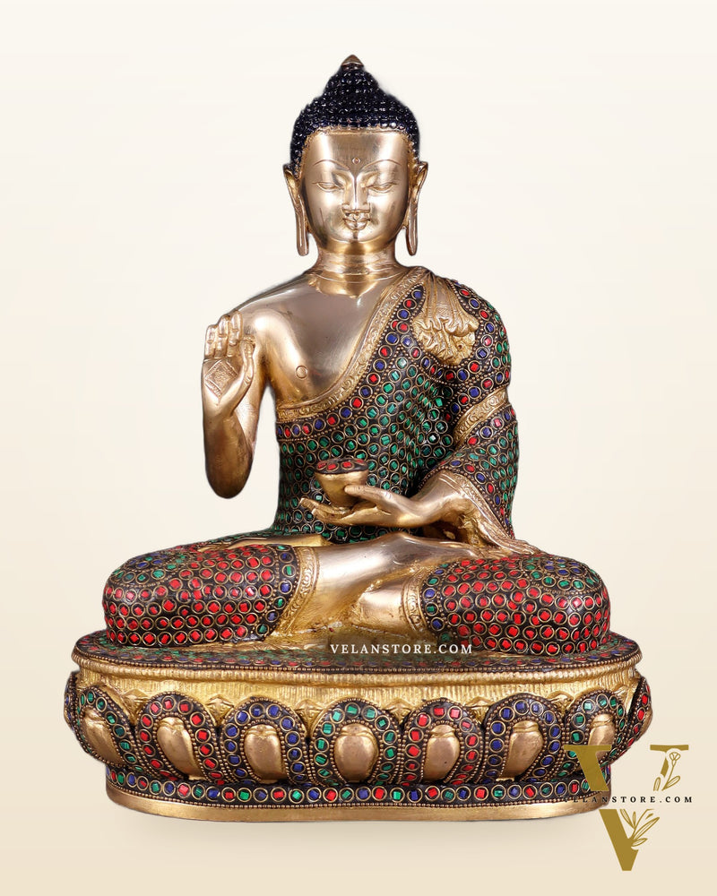 Pure Brass Buddha idol rings stonework - 13.5"