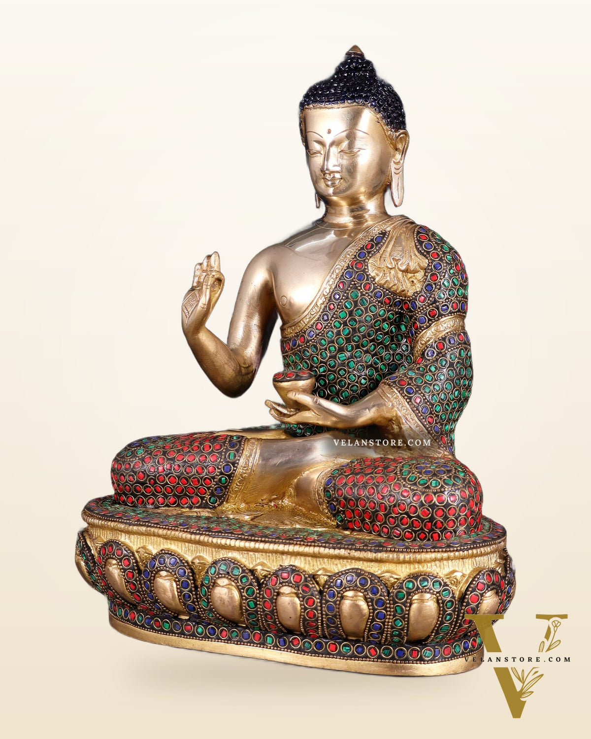 Pure Brass Buddha idol rings stonework - 13.5"