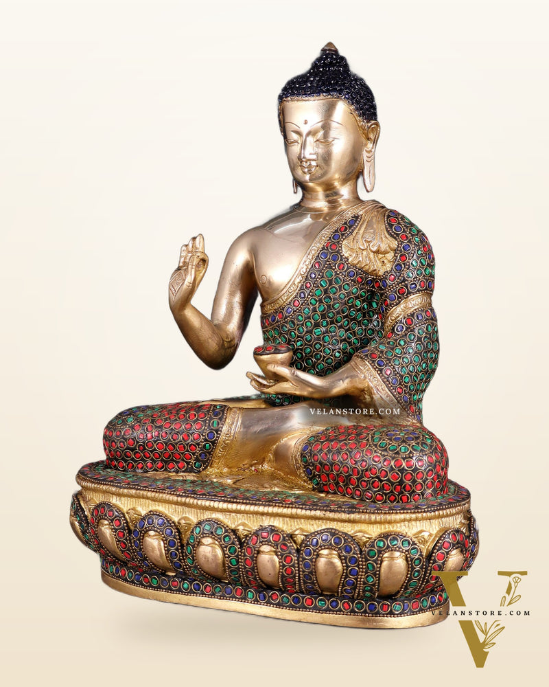 Pure Brass Buddha idol rings stonework - 13.5"