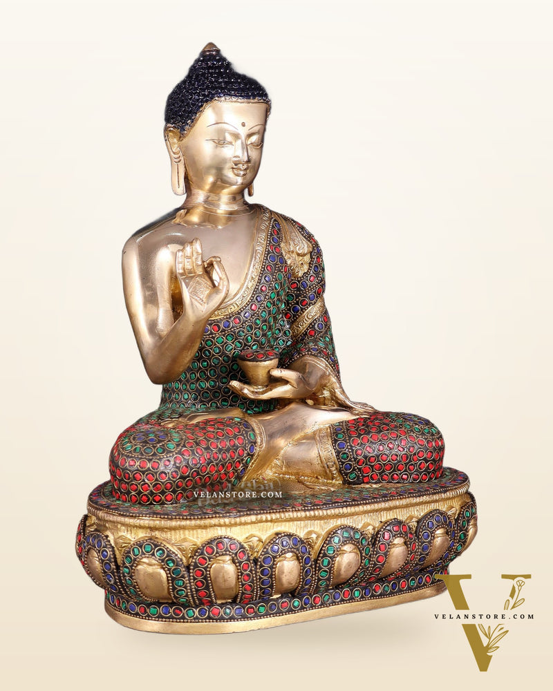 Pure Brass Buddha idol rings stonework - 13.5"