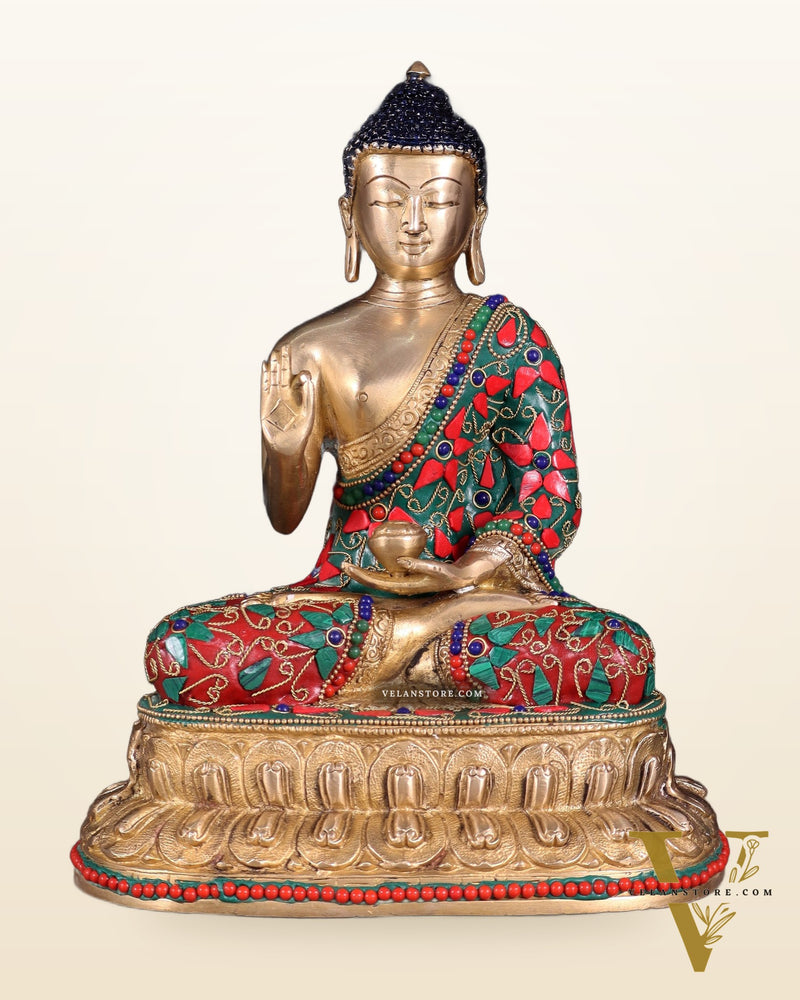 Pure Brass Buddha Idol with Floral Stonework – Unique Design 10.5"