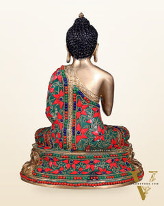 Pure Brass Buddha Idol with Floral Stonework – Unique Design 10.5"
