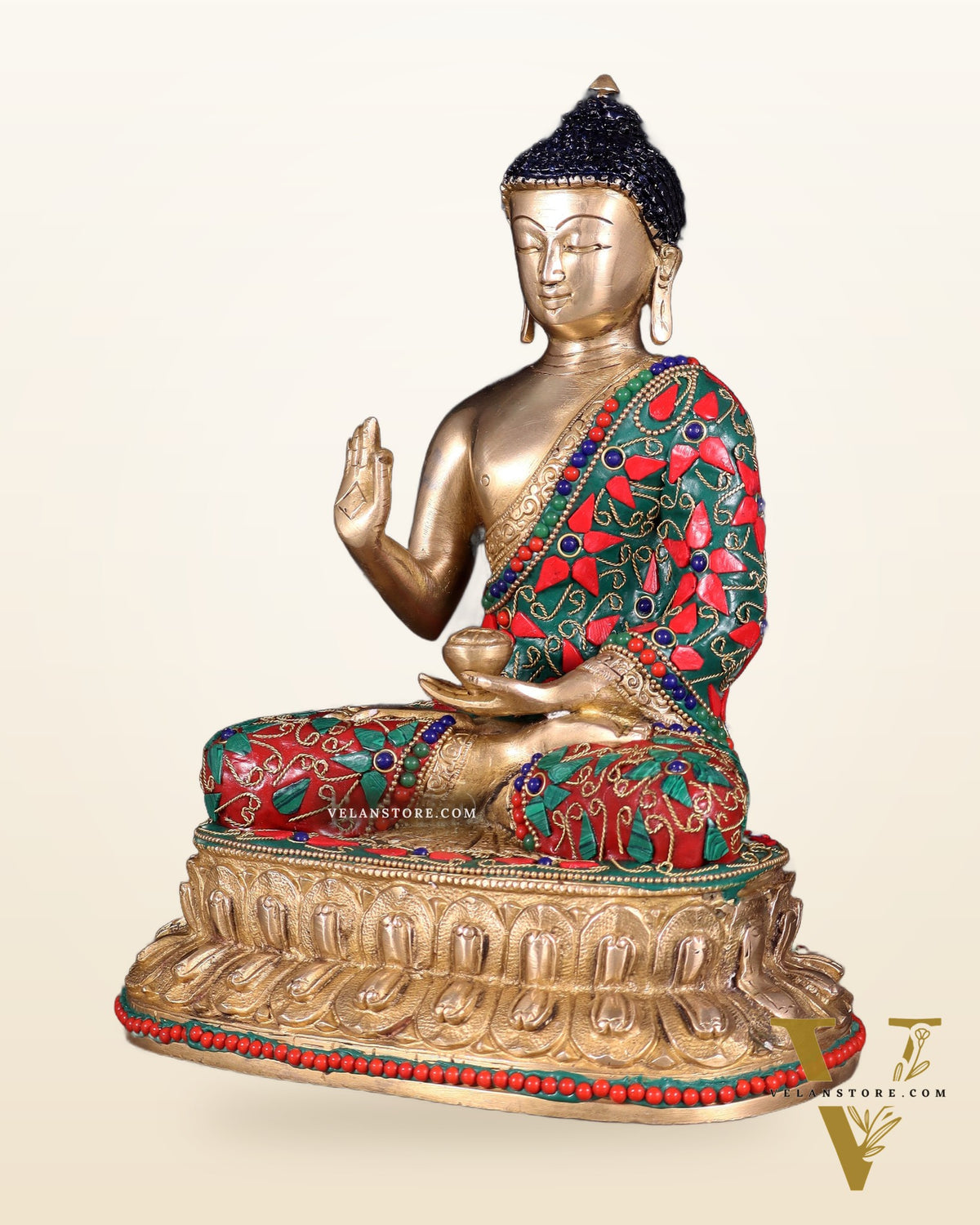 Pure Brass Buddha Idol with Floral Stonework – Unique Design 10.5"