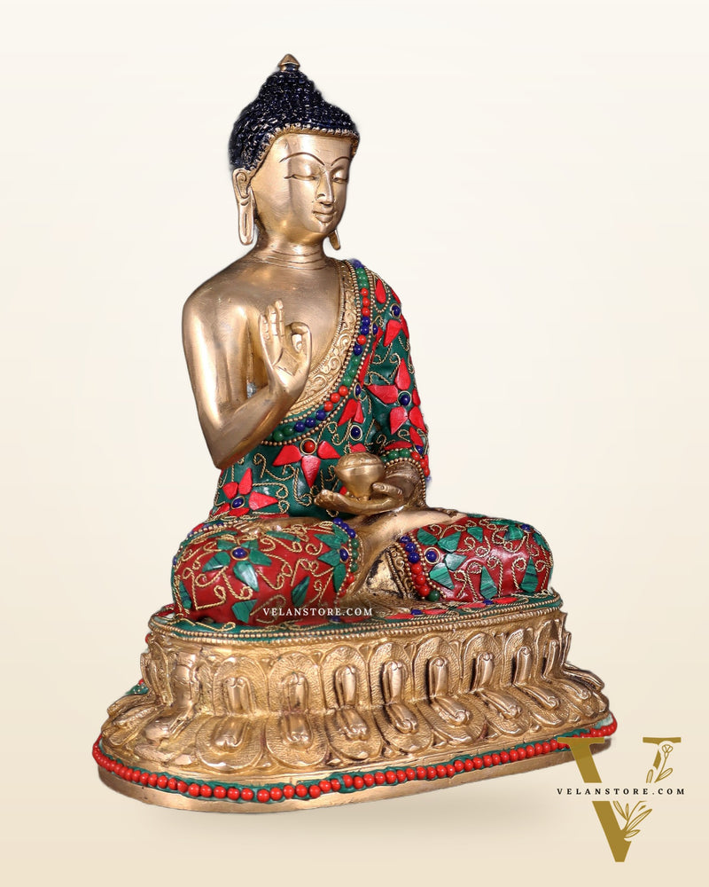 Pure Brass Buddha Idol with Floral Stonework – Unique Design 10.5"