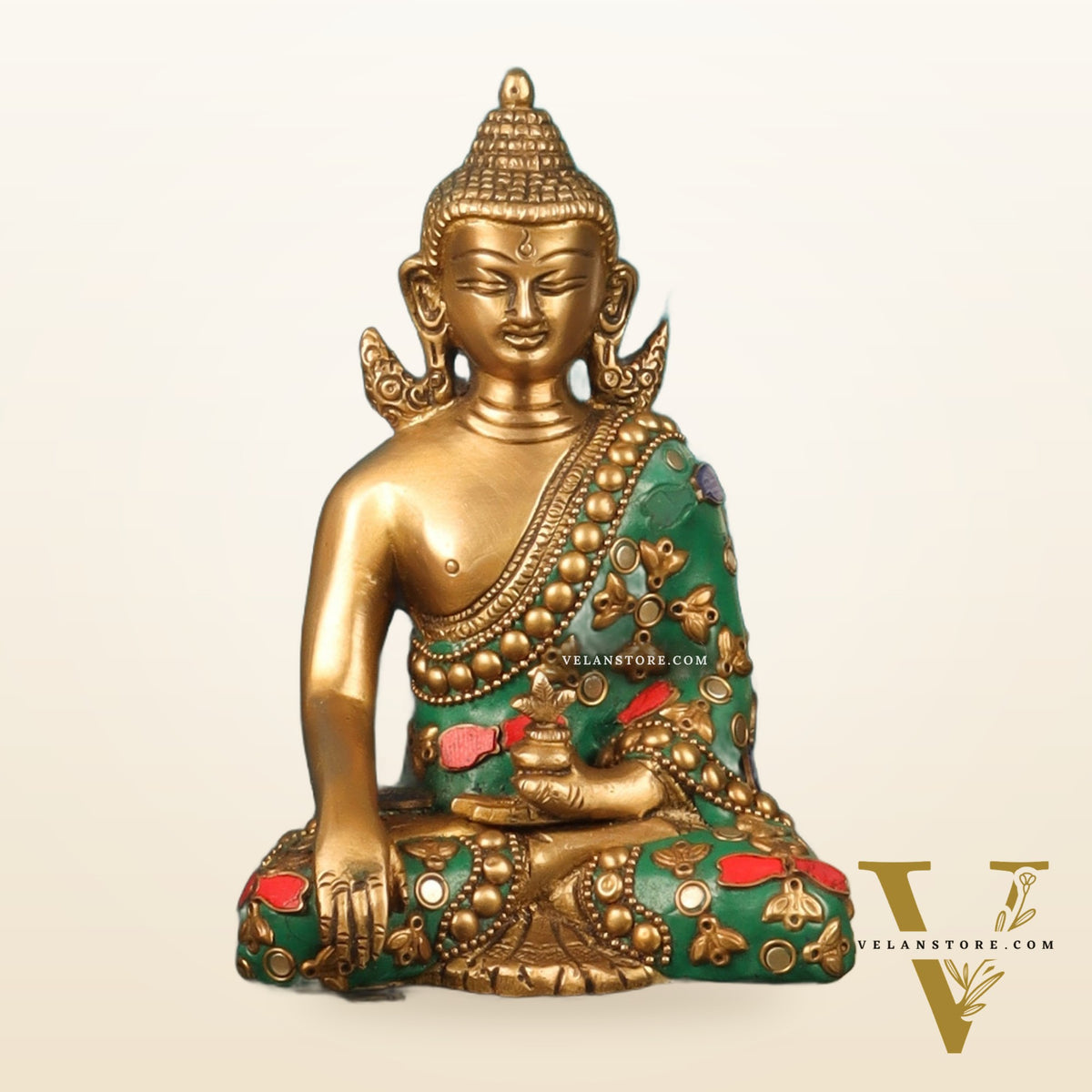 Pure Brass Buddha in Bhoomisparsha Mudra 6 inch with stonework