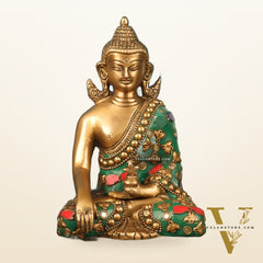 Pure Brass Buddha in Bhoomisparsha Mudra 6 inch with stonework