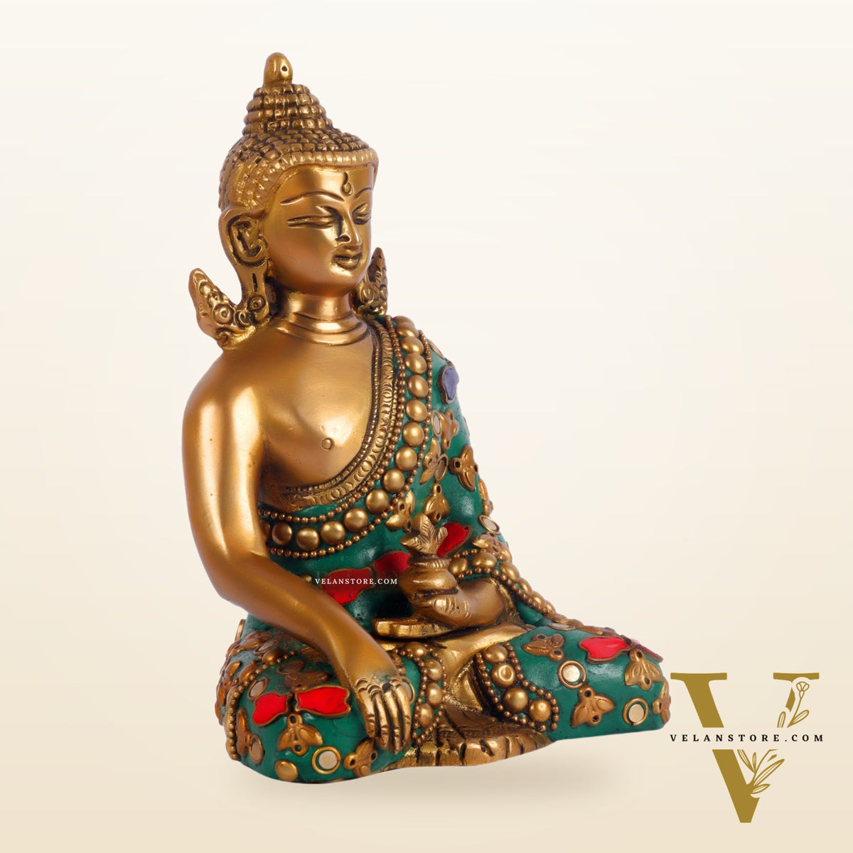 Pure Brass Buddha in Bhoomisparsha Mudra 6 inch with stonework