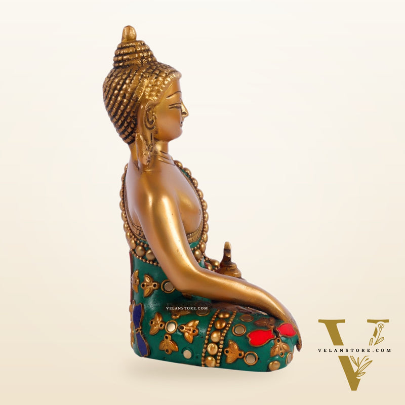 Pure Brass Buddha in Bhoomisparsha Mudra 6 inch with stonework