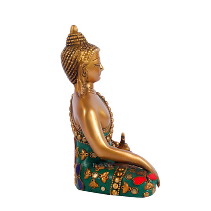 Pure Brass Buddha in Bhoomisparsha Mudra 6 inch with stonework