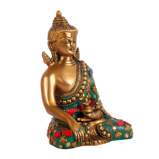 Pure Brass Buddha in Bhoomisparsha Mudra 6 inch with stonework