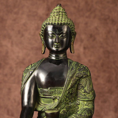 Pure Brass Buddha in Bhoomisparsha Nirvana Mudra with Dragon Carvings | 14 inch