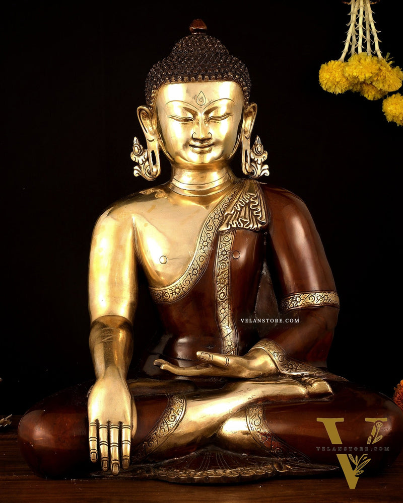 Pure Brass Buddha in Bhumisparsha Mudra Statue - 21" | large size