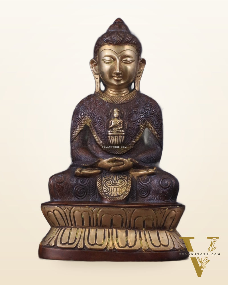 Pure Brass Buddha in Meditation with Unique Carvings - Dual Tone Brown & Gold, 13.5"