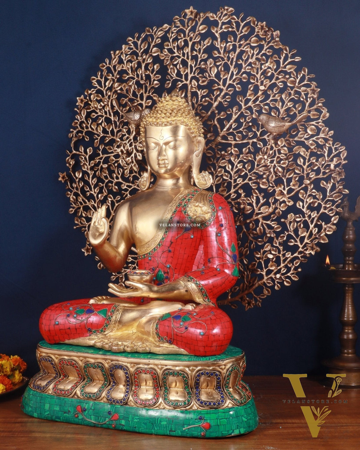 Pure Brass Buddha in Meenakari Stonework with Kalpavriksha Tree Statue 29"