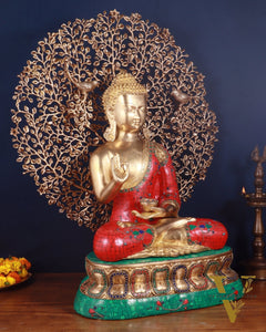 Pure Brass Buddha in Meenakari Stonework with Kalpavriksha Tree Statue 29"
